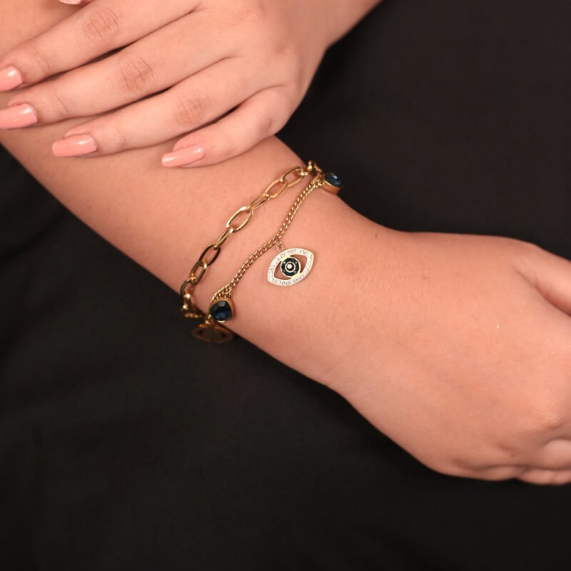 Rose Gold Plated Evil Eye Wraparound Bracelet – Antique Blue Design - Image 2