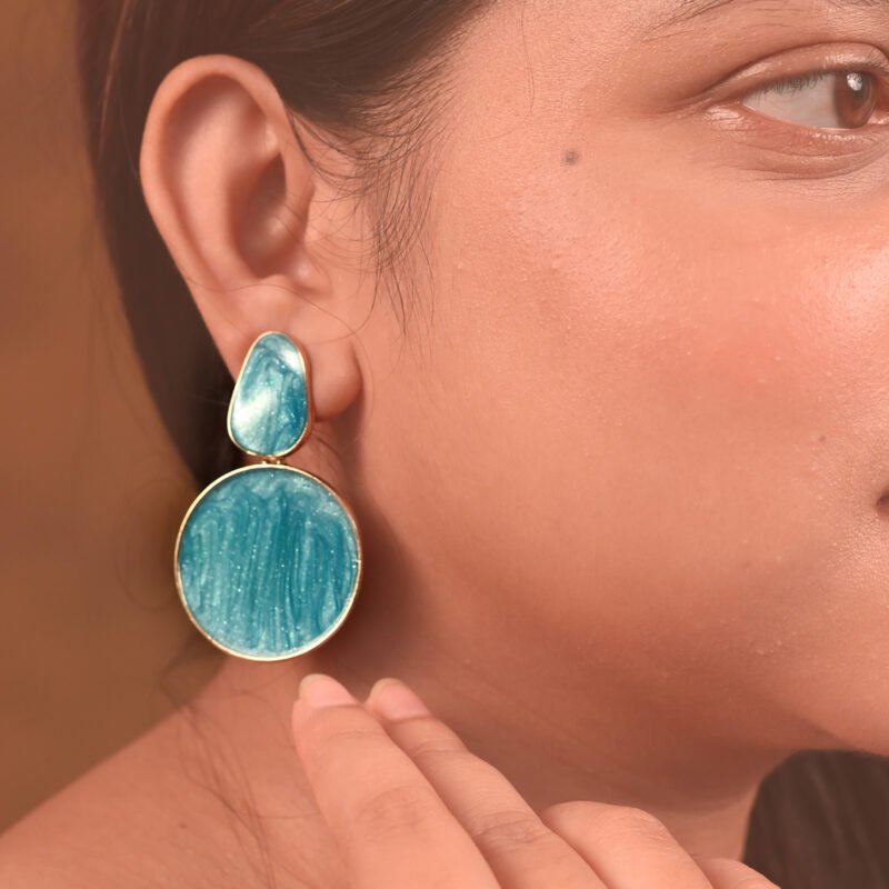 Turquoise Blue Stone Round Western Earrings – Brass, Stylish Party Wear - Image 2